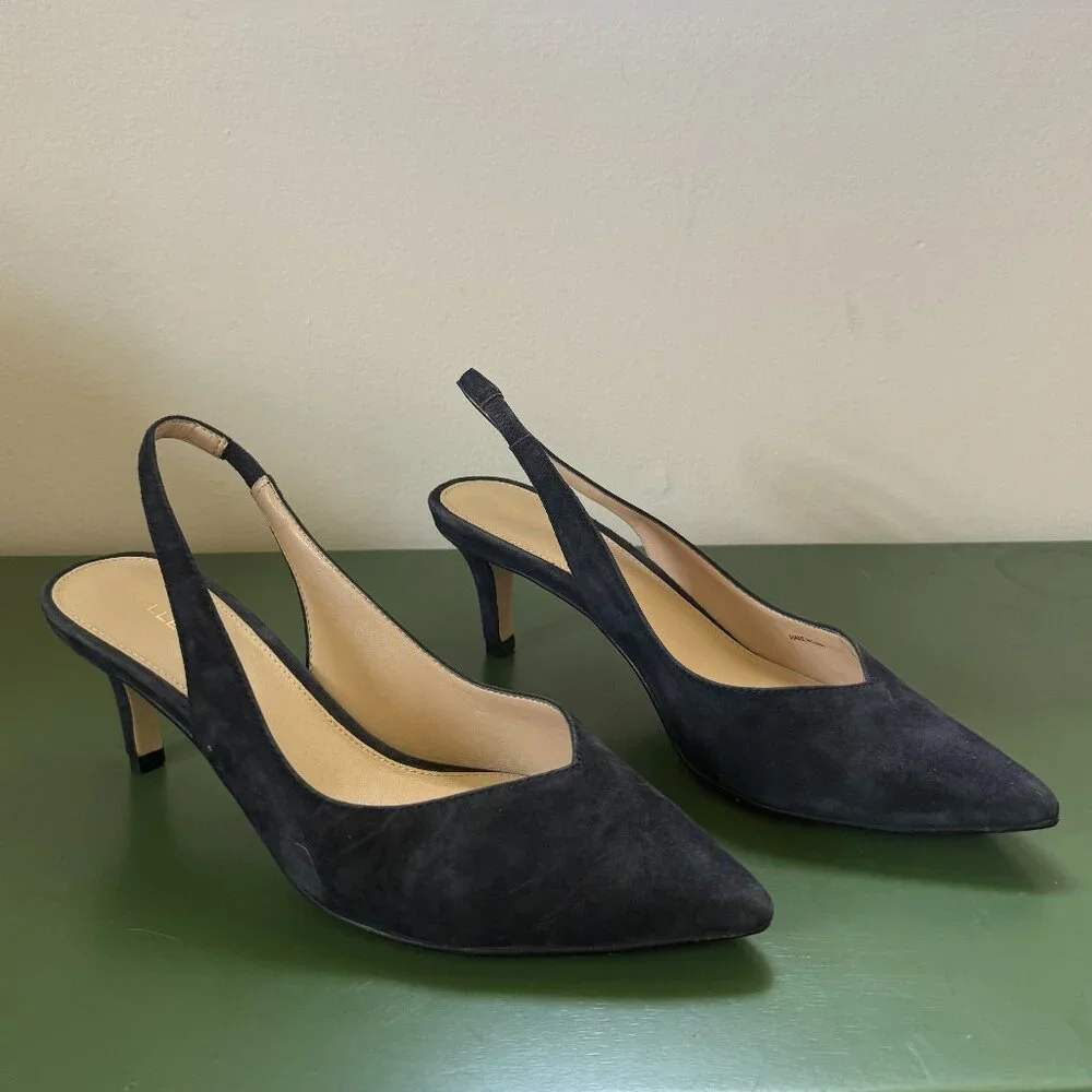 EUC Pelle Moda Navy Blue Suede Sling Back Leather Low Heels, Size 6 - Picture 1 of 5